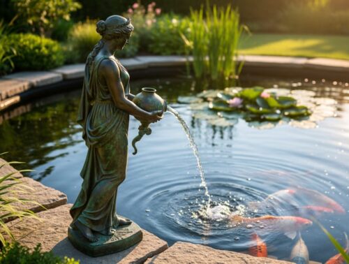 Eye-level view of a bronze goddess statue pouring a stream of water into a koi pond at golden hour, with soft reflections on the surface, lily pads and reeds nearby, and natural stone edging in a gently blurred background.