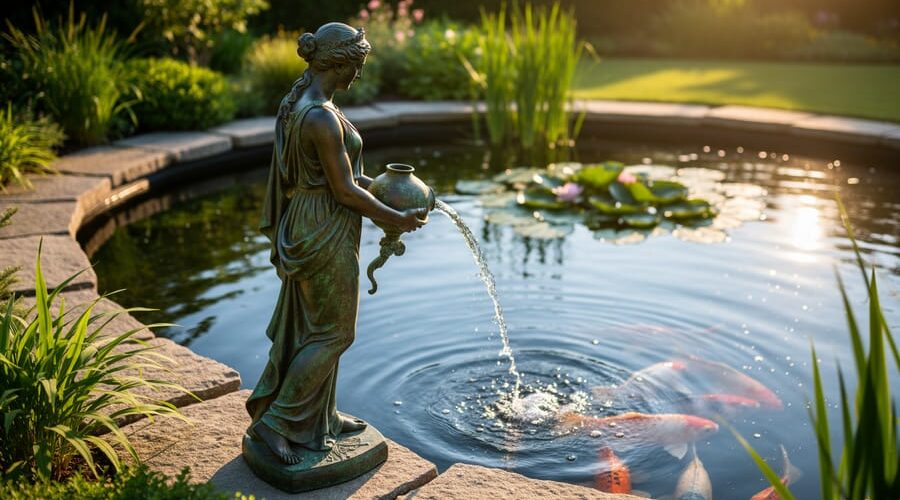 Eye-level view of a bronze goddess statue pouring a stream of water into a koi pond at golden hour, with soft reflections on the surface, lily pads and reeds nearby, and natural stone edging in a gently blurred background.