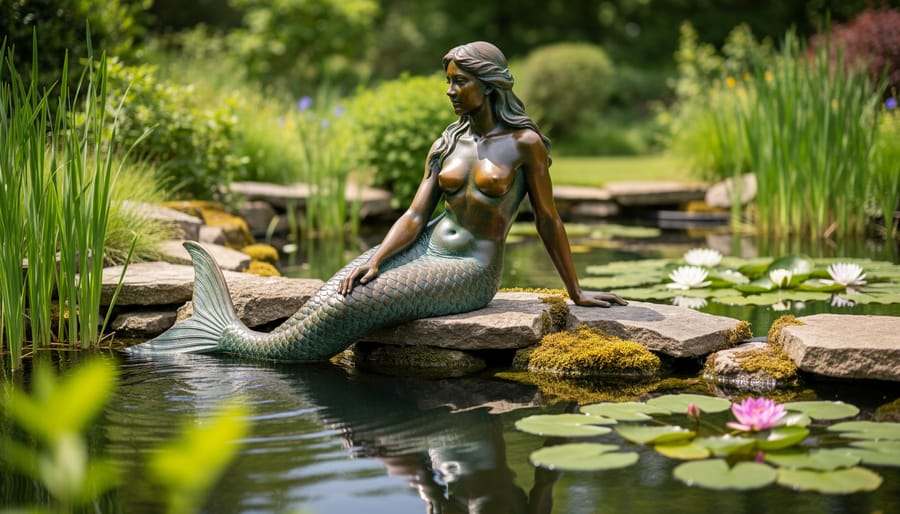 Bronze mermaid figurative sculpture positioned at water garden pond edge surrounded by aquatic plants