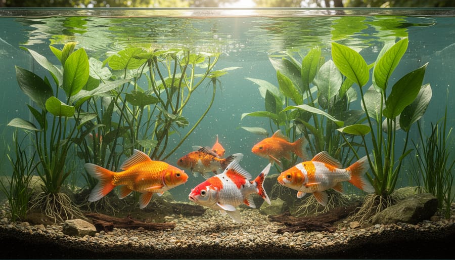 Koi fish swimming among water lily roots in clear pond water showing ecosystem balance