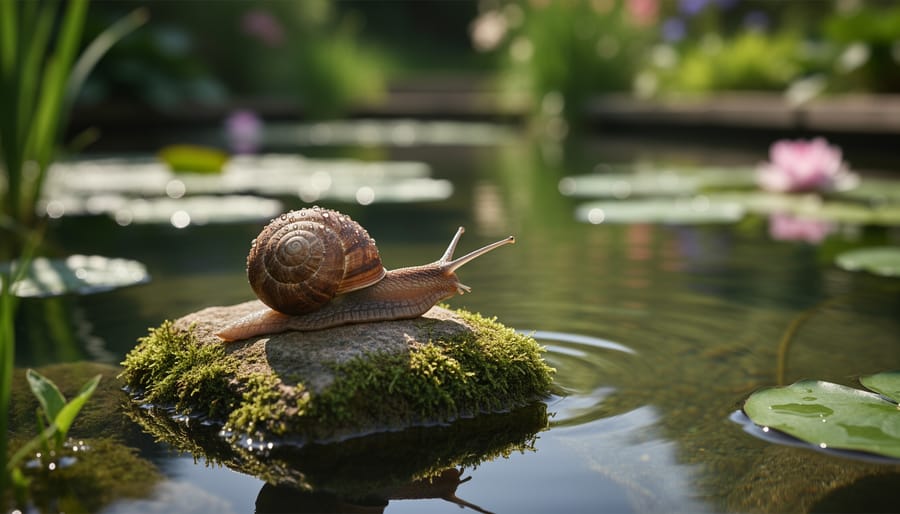 Macro close-up of garden snail on wet moss near pond water