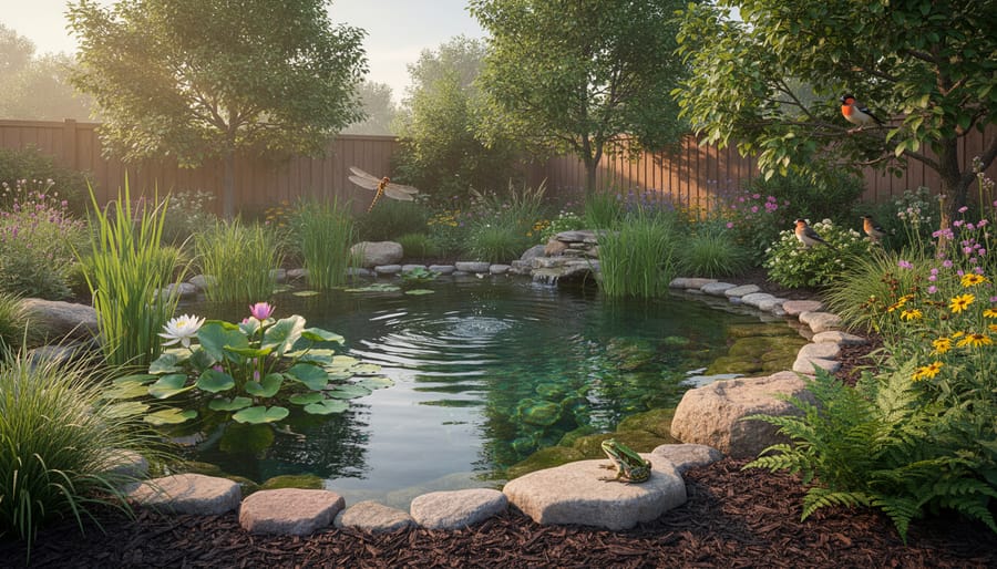 Beautiful backyard garden pond with aquatic plants, lily pads, and koi fish in clear water