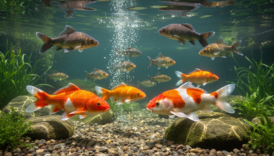 Healthy koi fish swimming actively in well-aerated pond water