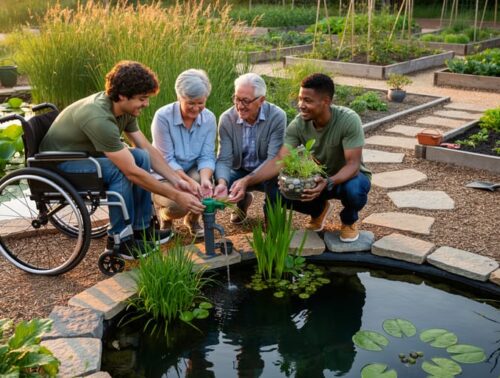 Water educator kneels by a small demonstration pond, showing a simple pump and aquatic plants to a diverse group—including a teenager in a wheelchair, a senior couple, and a young renter—at a community garden pond during golden hour.