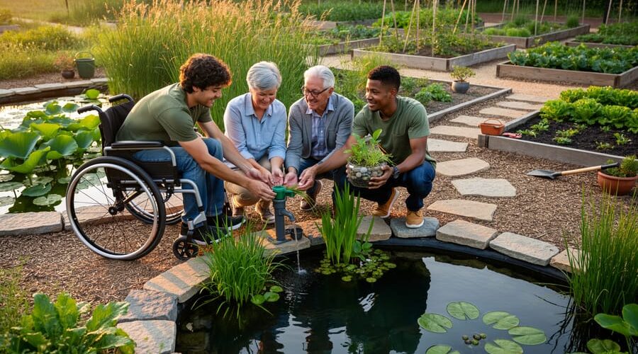 Water educator kneels by a small demonstration pond, showing a simple pump and aquatic plants to a diverse group—including a teenager in a wheelchair, a senior couple, and a young renter—at a community garden pond during golden hour.