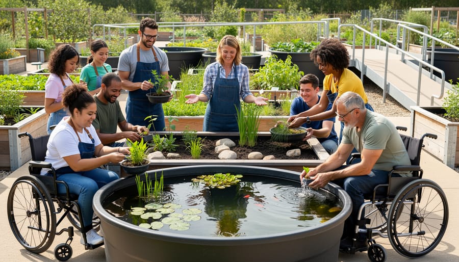 Diverse group including person in wheelchair participating in accessible water gardening workshop at outdoor tables