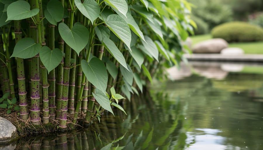 Dense growth of Japanese knotweed with hollow stems and heart-shaped leaves near pond edge