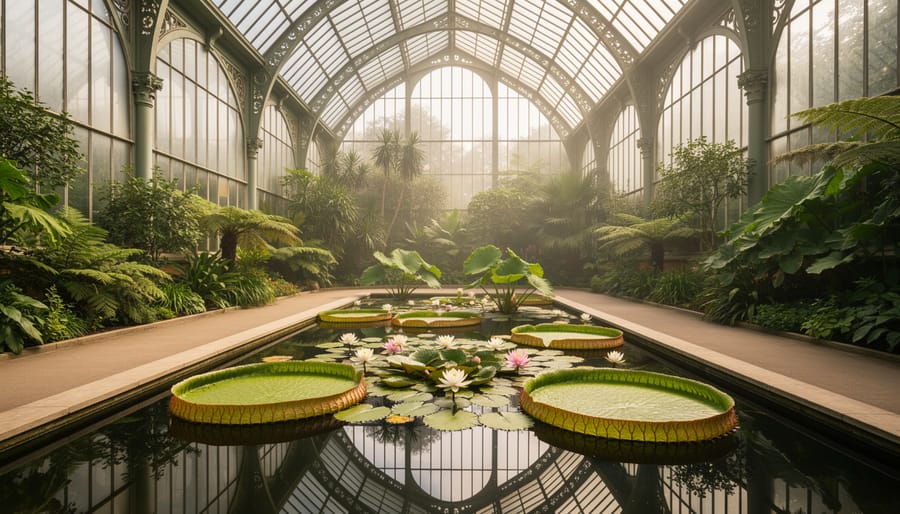 Victorian Water Lily House at Kew Gardens with reflection in pond