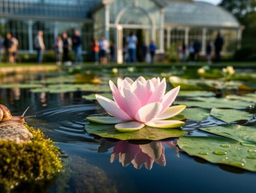 Low-angle close-up of a pale pink water lily and pads beside a small snail on a mossy rock, ripples reflecting leaves, with blurred visitors and a Victorian glasshouse in the background at golden hour.