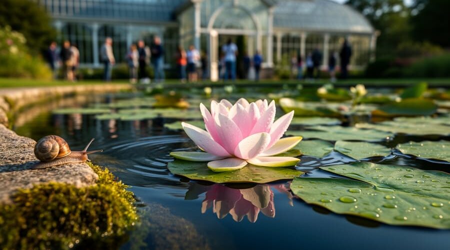 Low-angle close-up of a pale pink water lily and pads beside a small snail on a mossy rock, ripples reflecting leaves, with blurred visitors and a Victorian glasshouse in the background at golden hour.