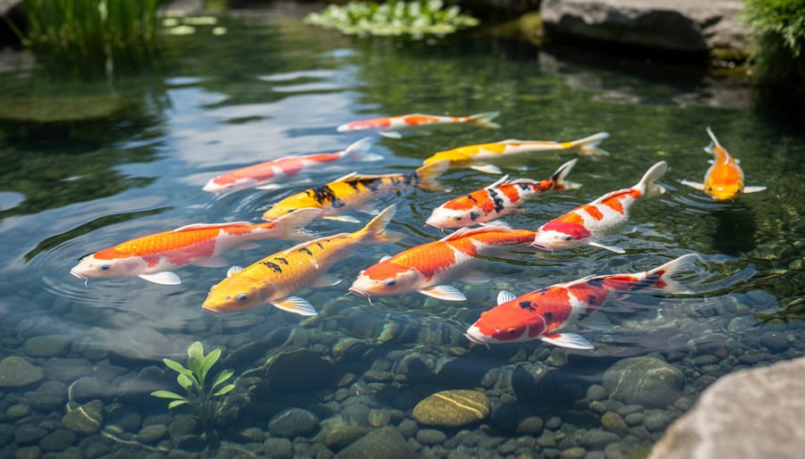 Colorful koi fish swimming among water lilies in garden pond