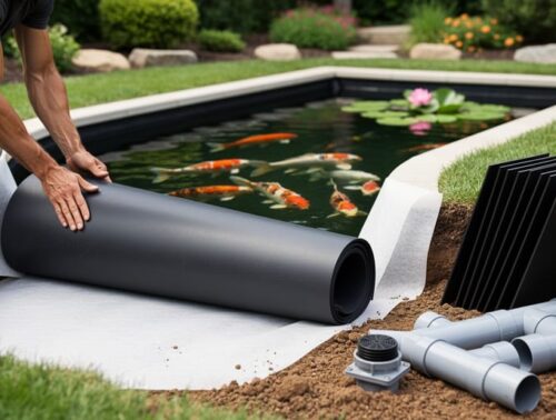 Hands unrolling a black EPDM liner into a curved pond excavation over geotextile underlayment, with stacked RPE panels and PVC plumbing parts beside it, and a finished rectangular koi pond with fish and lilies in the landscaped background.