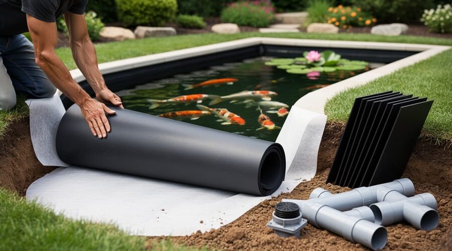 Hands unrolling a black EPDM liner into a curved pond excavation over geotextile underlayment, with stacked RPE panels and PVC plumbing parts beside it, and a finished rectangular koi pond with fish and lilies in the landscaped background.