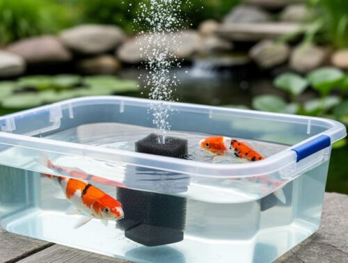 Clear plastic quarantine tub with two koi and a bubbling sponge filter next to a backyard pond, rocks and water lilies softly blurred in the background, photographed from a slightly elevated angle in diffused daylight.