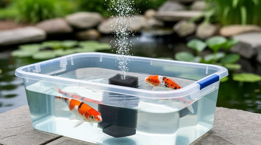 Clear plastic quarantine tub with two koi and a bubbling sponge filter next to a backyard pond, rocks and water lilies softly blurred in the background, photographed from a slightly elevated angle in diffused daylight.