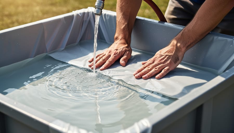 Multiple people positioning and smoothing pond liner during water filling