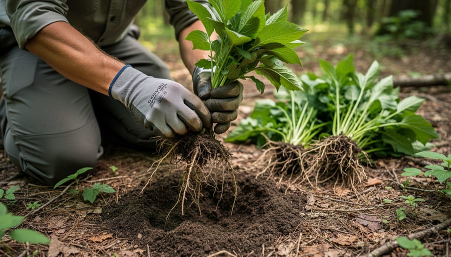Gardener's hands using spade to remove invasive plant roots from pond bank