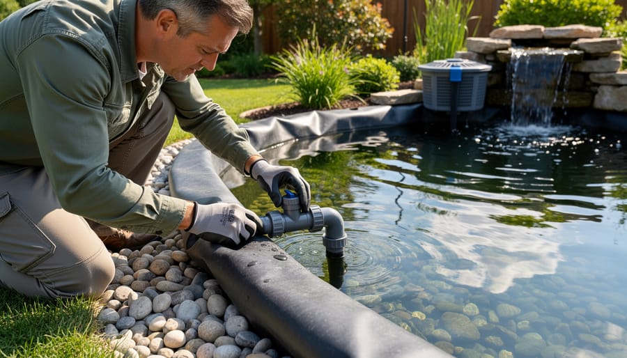 Gardener's hands inspecting pond liner edge and surrounding rocks for leak detection