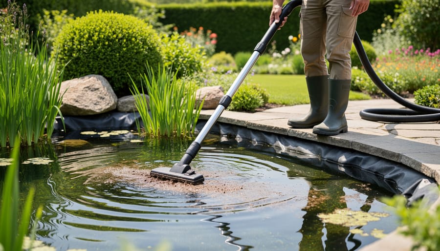 Pond owner using vacuum equipment to remove sediment from pond