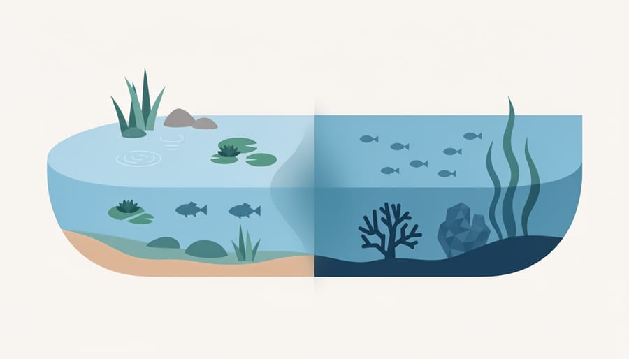 Split view showing coral reef underwater and backyard pond with lily pads above water surface