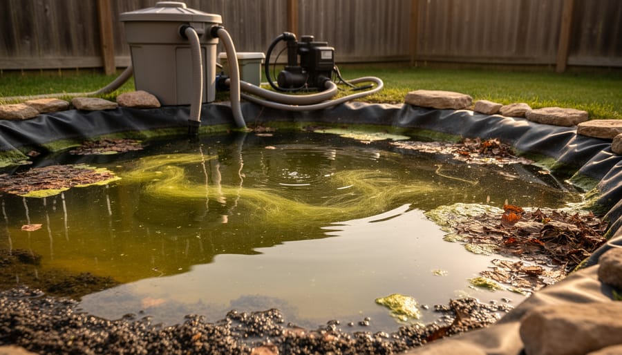 Overhead view of backyard pond showing cloudy green water with murky appearance