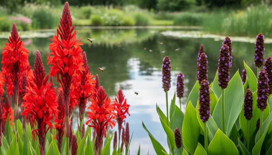 Beautiful water garden featuring native plants including cardinal flower and pickerelweed around clear pond