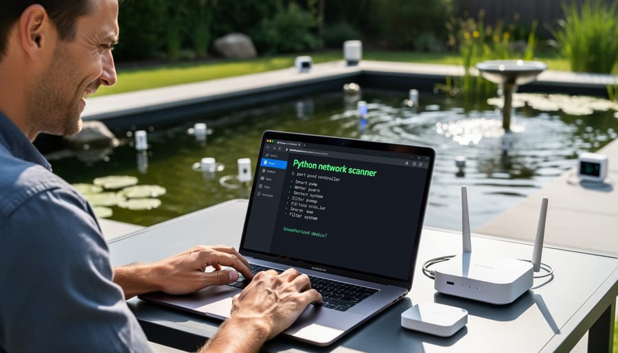 Smartphone showing network device scanning results held near pond with smart equipment