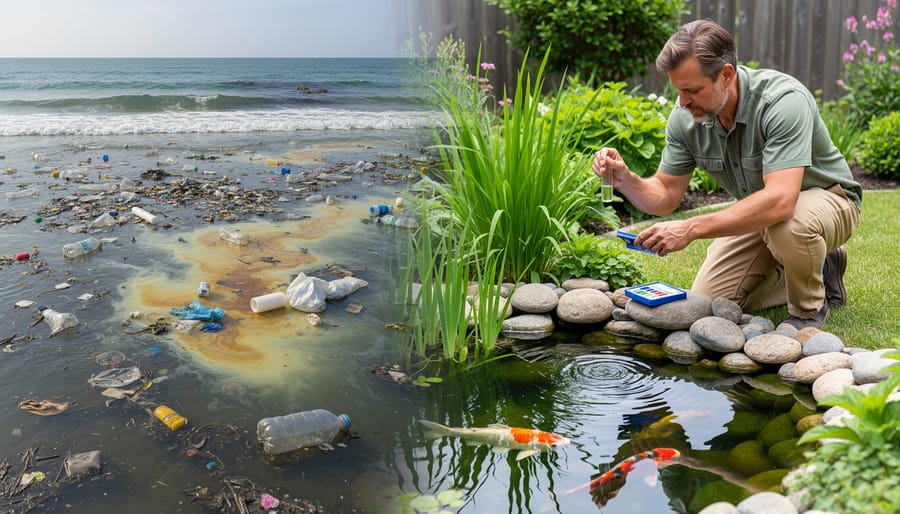 Underwater view of plastic pollution and debris in ocean water near coral