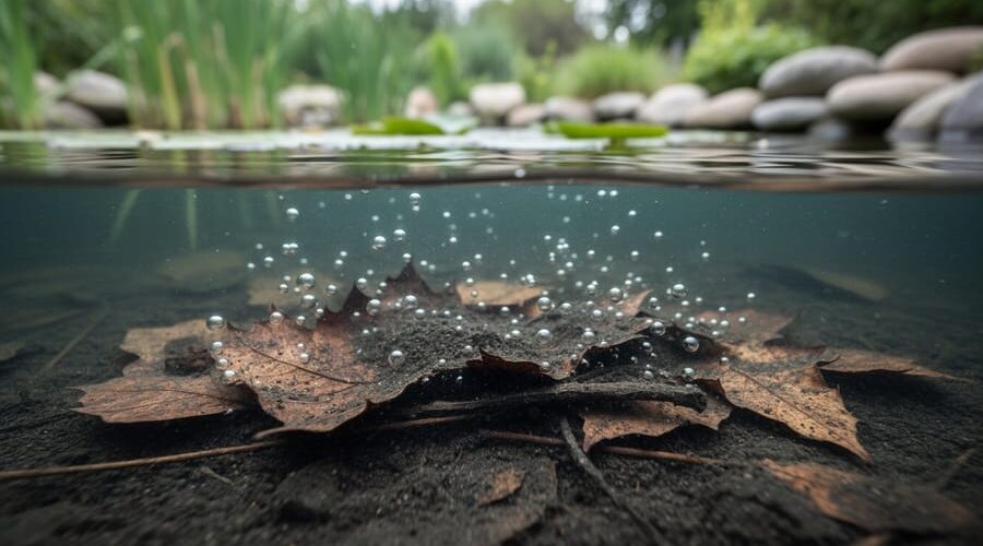Split-view photo at the pond surface showing dark organic muck with decomposing leaves and small gas bubbles on the bottom, with reeds, lily pads, and shoreline stones softly blurred above the waterline.