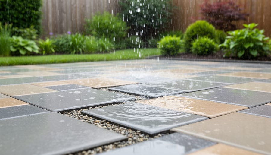 Permeable pavers with drainage gaps installed next to residential water garden