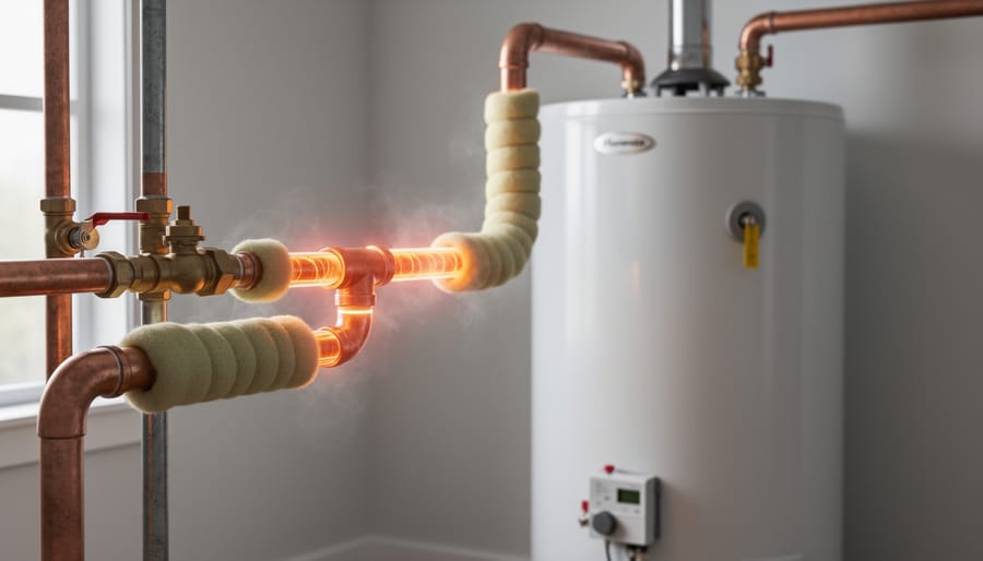 Insulated and uninsulated water pipes showing frost formation on exposed connection