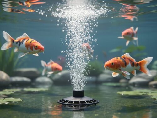 Underwater view of a pond diffuser on the bottom releasing a column of tiny bubbles toward the surface, koi fish nearby, sunlight filtering through clear water with soft-focus plants and rocks.