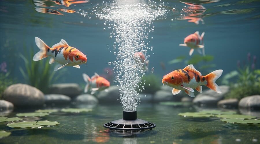 Underwater view of a pond diffuser on the bottom releasing a column of tiny bubbles toward the surface, koi fish nearby, sunlight filtering through clear water with soft-focus plants and rocks.