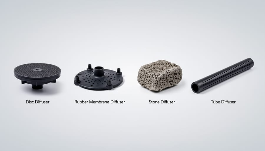 Four different types of pond aeration diffusers displayed on wooden dock