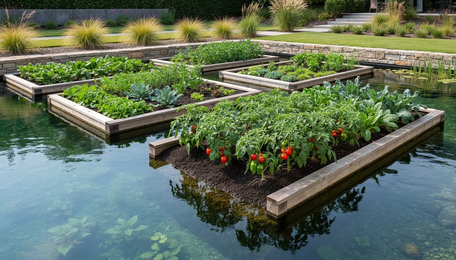 Close-up of leafy green vegetables growing in soil beside a pond with water plants