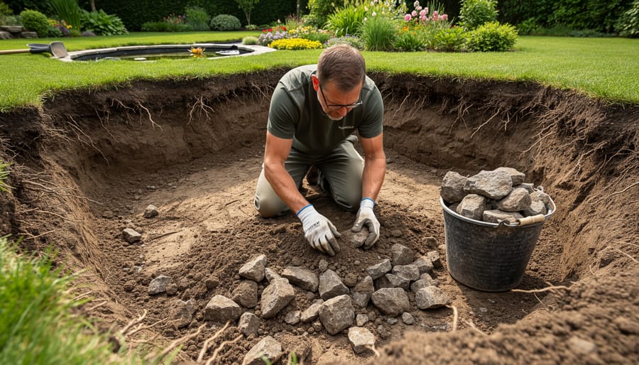 Gloved hands removing rocks and roots from excavated pond soil