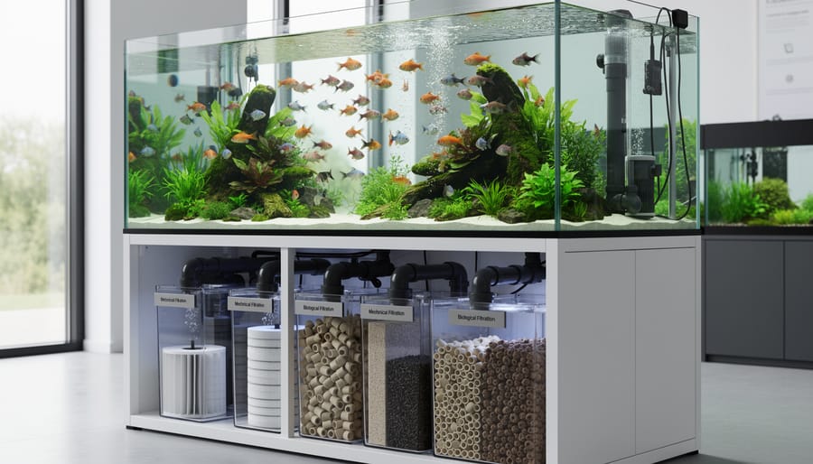 Koi fish swimming in pond with visible filtration system components in background