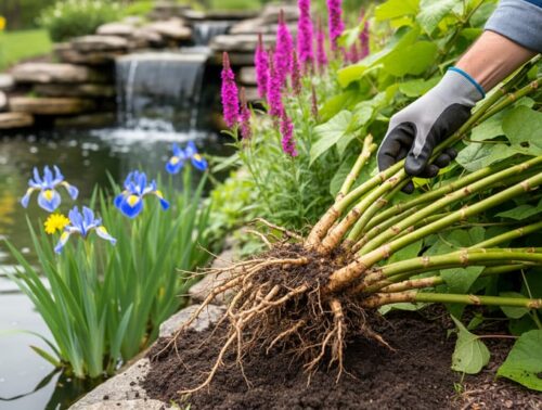 Gloved hand pulling Japanese knotweed rhizomes from the muddy edge of a backyard pond overrun with knotweed and purple loosestrife, with a blurred waterfall, rocks, and pond surface in the background.