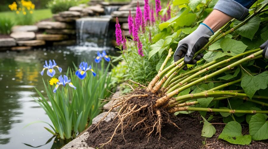 Gloved hand pulling Japanese knotweed rhizomes from the muddy edge of a backyard pond overrun with knotweed and purple loosestrife, with a blurred waterfall, rocks, and pond surface in the background.