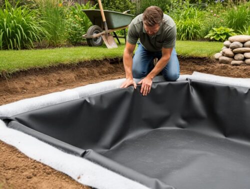 DIY homeowner smoothing a black EPDM pond liner into a tiered backyard pond with geotextile underlayment visible at the edges and neat corner folds; garden plants, wheelbarrow, shovel, and stacked river stones softly blurred in the background under diffused daylight.