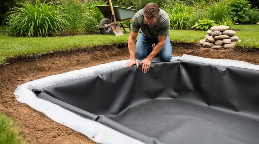 DIY homeowner smoothing a black EPDM pond liner into a tiered backyard pond with geotextile underlayment visible at the edges and neat corner folds; garden plants, wheelbarrow, shovel, and stacked river stones softly blurred in the background under diffused daylight.