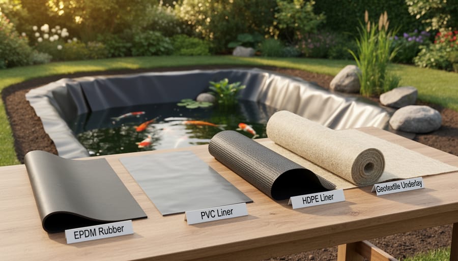 Comparison of different pond liner materials including EPDM rubber and reinforced polyethylene