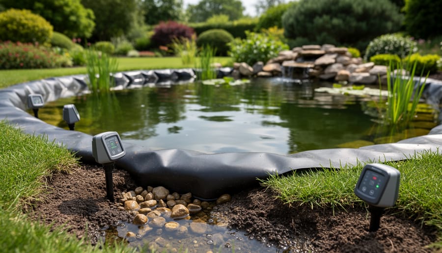 Waterproof moisture sensor on wet stone pavers beside pond edge