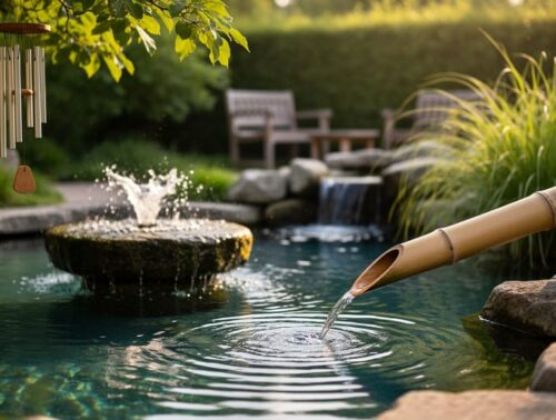 Bamboo shishi-odoshi spout tipping into a clear pond with a small stone fountain and wind chimes on a tree branch, photographed at eye level in warm golden-hour light, with seating, a recirculating waterfall, and grasses softly blurred in the background.