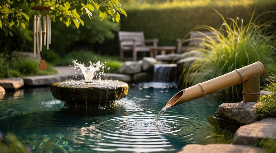 Bamboo shishi-odoshi spout tipping into a clear pond with a small stone fountain and wind chimes on a tree branch, photographed at eye level in warm golden-hour light, with seating, a recirculating waterfall, and grasses softly blurred in the background.
