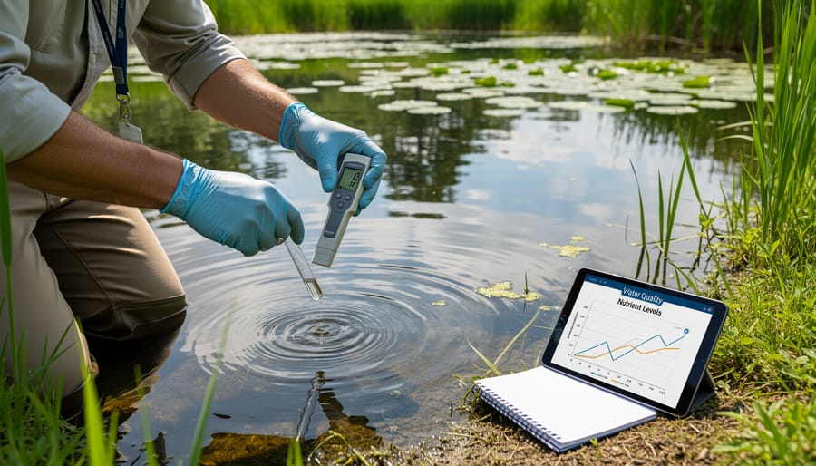 Hands holding water testing vial above garden pond with lily pads