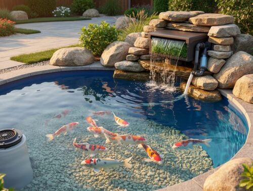 Clear backyard koi pond with koi fish, a skimmer opening, waterfall biofilter, and a discreet inline UV clarifier among rocks, surrounded by lush marginal plants under warm evening light.