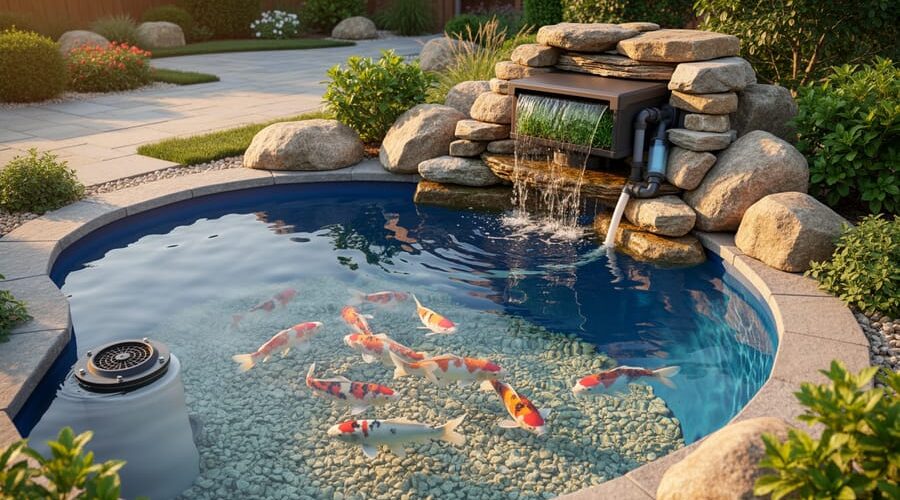 Clear backyard koi pond with koi fish, a skimmer opening, waterfall biofilter, and a discreet inline UV clarifier among rocks, surrounded by lush marginal plants under warm evening light.