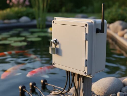 Weatherproof smart pond control box secured with a padlock and Wi‑Fi antenna near a backyard koi pond, with sensor cables leading into the water and blurred lilies and fish behind, lit by warm golden-hour light