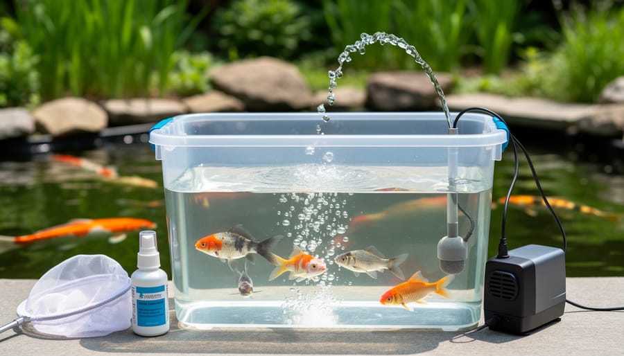 Clear plastic quarantine container with koi fish viewed from above
